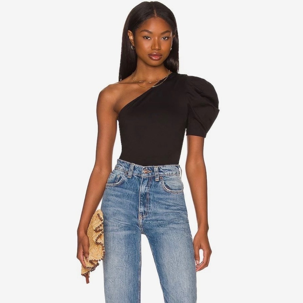 Free People Black One Shoulder Puff‎ Sleeve Bodysuit Womens XS OB1122164